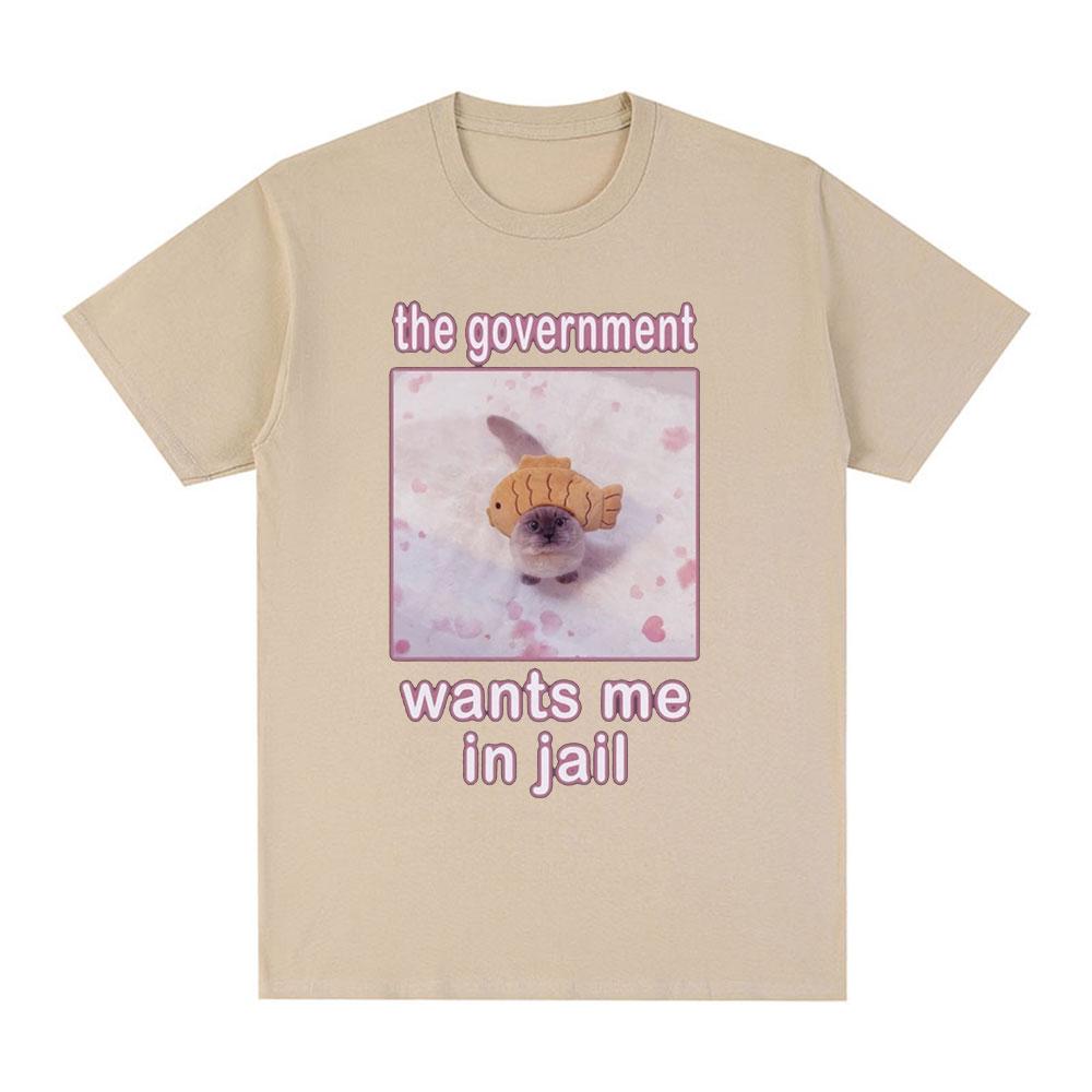 The Government Wants Me In Jail Funnt Cat Meme T Shirts Men's Women Fashion Harajuku T-shirt Cotton Casual Short Sleeve T-shirts