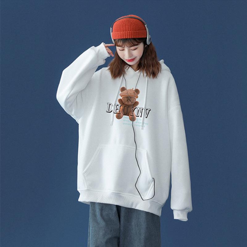 Women's 2026 Winter Printed Velvet Hoodie - Korean Style Loose Fit for Spring and Autumn