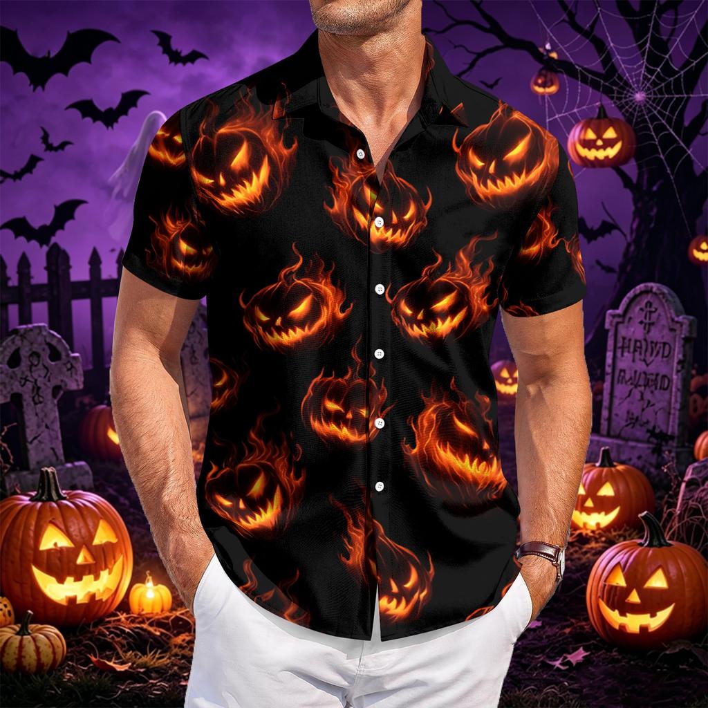 Men Fashion Casual Halloween Printed Short Sleeve Shirt Button Down Collared Top Flame Pumpkin Pattern Relaxed Fit Lightweight Material