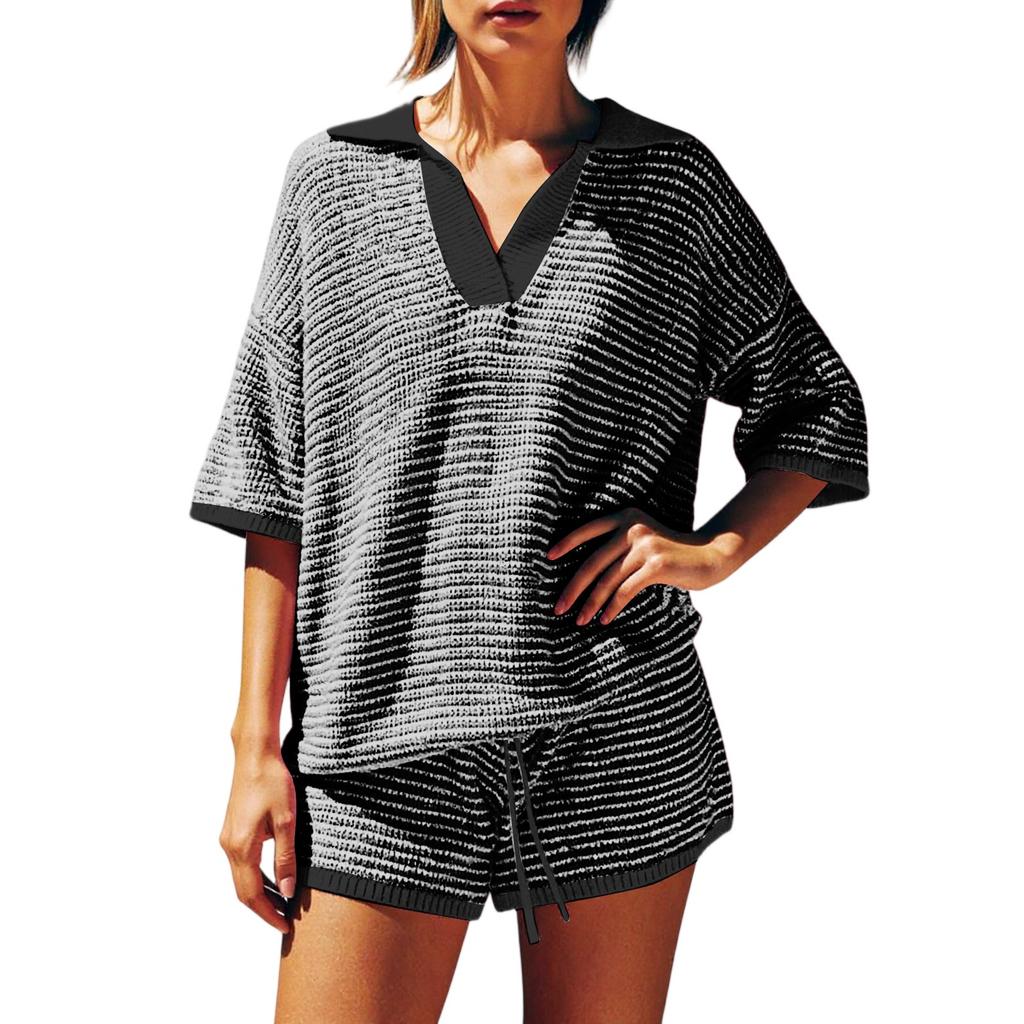 Women's Two-piece Set With Mid Sleeve V-neck Striped Knit Top, High Waisted Shorts, Casual Suit