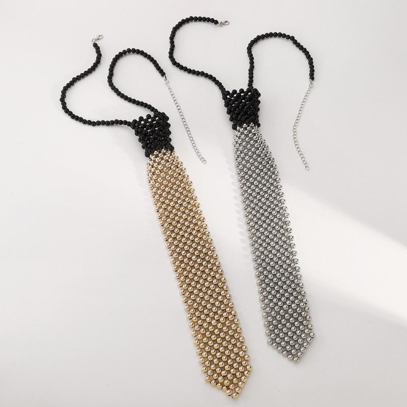Elegant Tie Necklace with Sparkling Pearls for Formal Occasion Uniform Tie Punk Jeweled Necktie