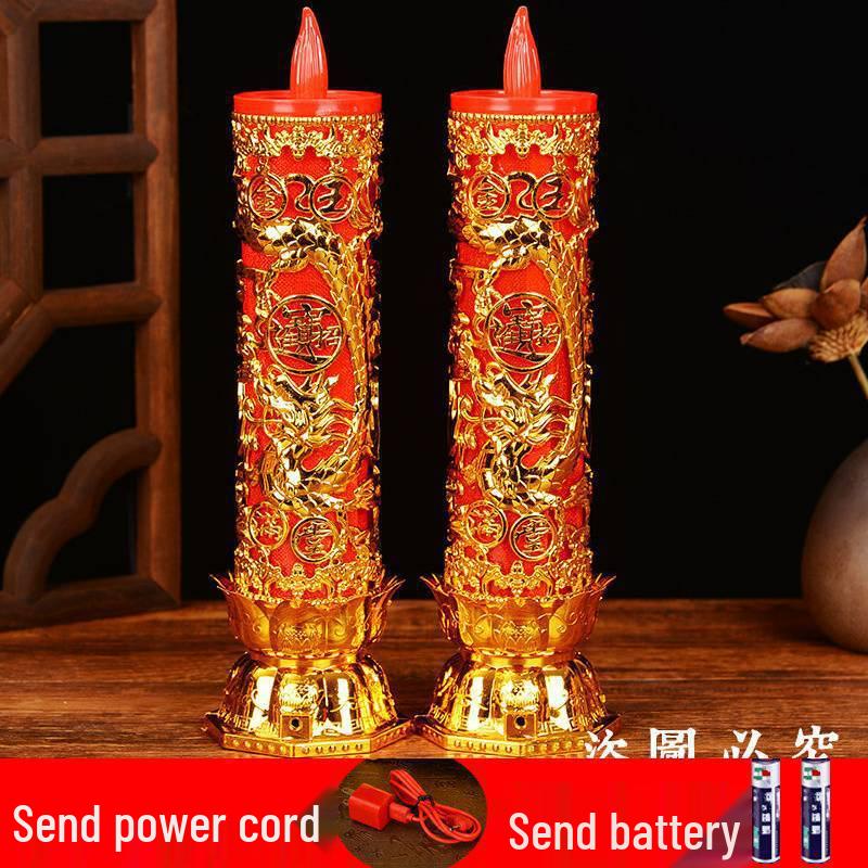 Electric Buddha & God of Wealth Candle Lamp: Plug-in, Everlasting Light, Home Decor for Attracting Wealth and Treasures.