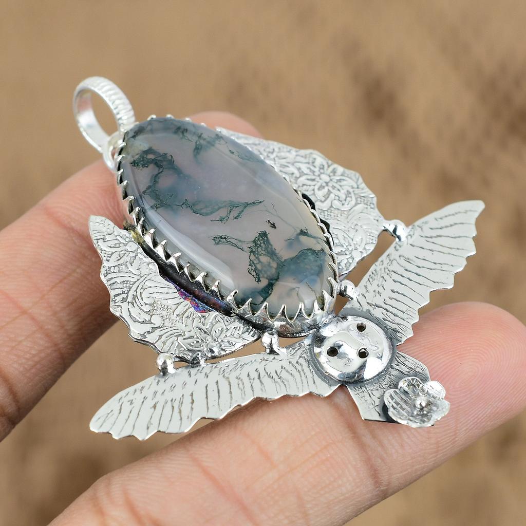 Natural Solar Moss Agate Gemstone 925 Sterling Silver Pendant Owl For Girls