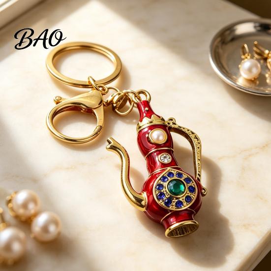 Decorative Pot Keychain Retro Teapot with Rhinestones, Ethnic Style Pitcher Key Handbag Ornament Charm Ring, Pendant for Handbags Backpacks