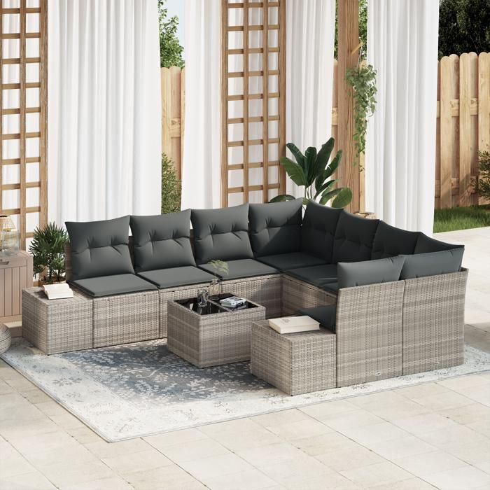 VidaXL Ensemble de Canapé de Jardin 9 Pièces avec Coussins Gris Clair Rattan Synthétique 3355671