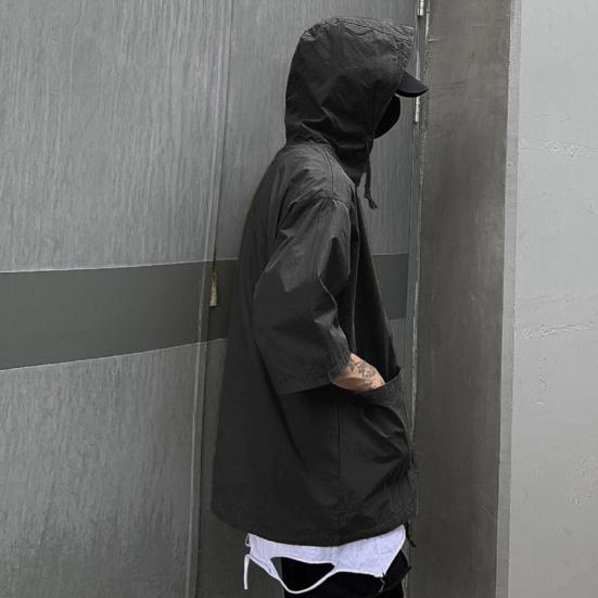 Hooded Half Sleeve Pullover Top Soft Large Pockets Loose Men T-shirt Streetwear