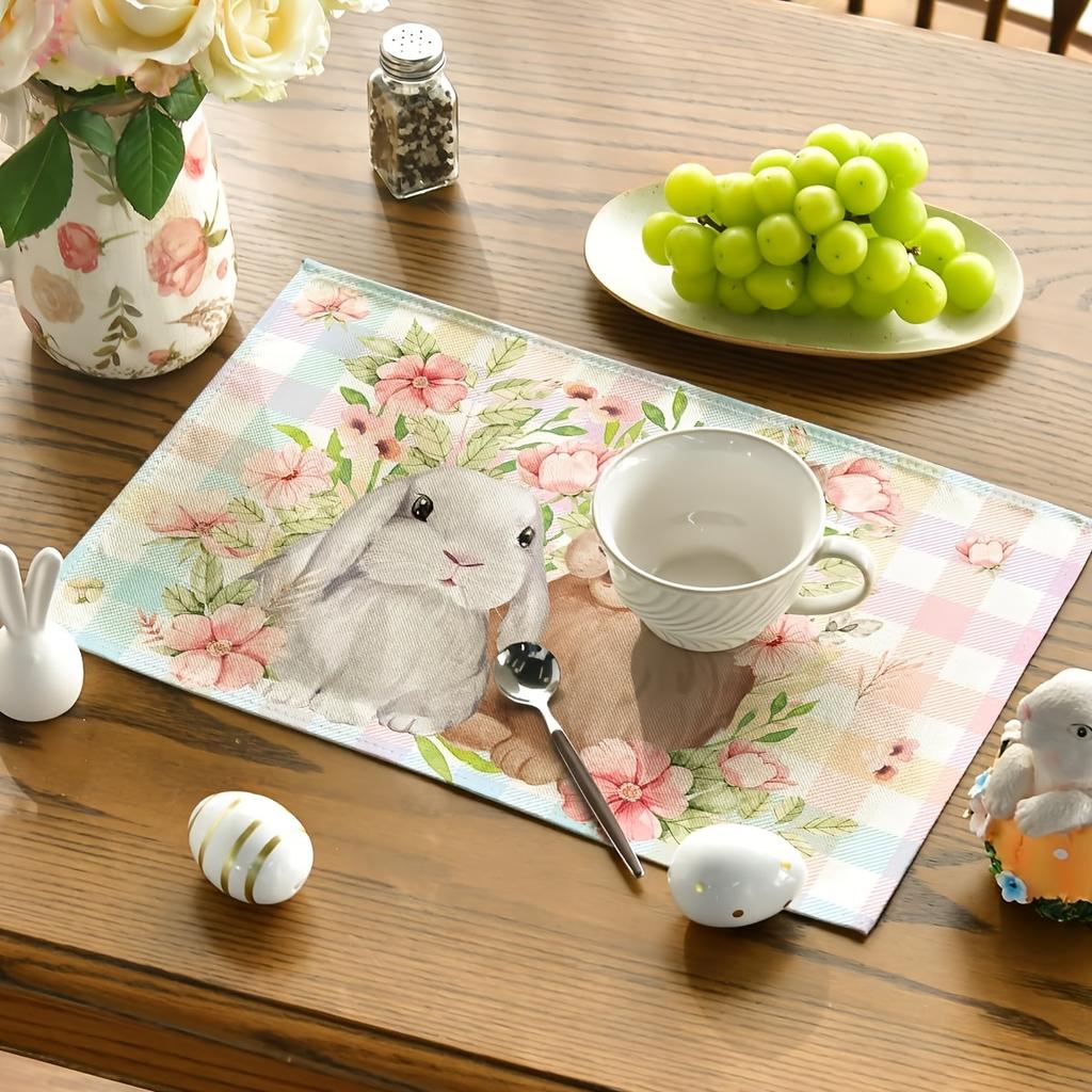 Set of 4 Easter Bunny & Flowers Plaid Placemats, 12x18 Inch, Woven Polyester, Rectangular, Hand Wash Only, for Dining & Kitchen