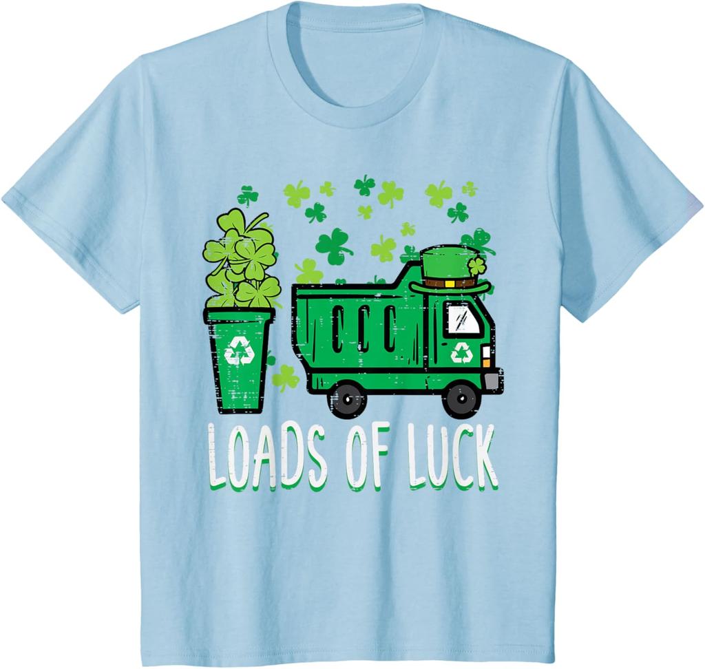 Garbage Truck Loads Of Luck St Patricks Day Graphic Tee Recycle Theme Short Sleeve T-Shirt