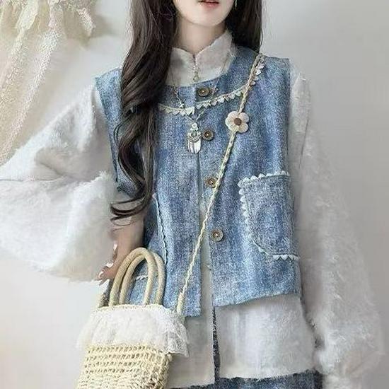 

Women s Spring/Fall 2026 Blue Denim Vest Skirt Set - Three-Piece Design Medium (M)