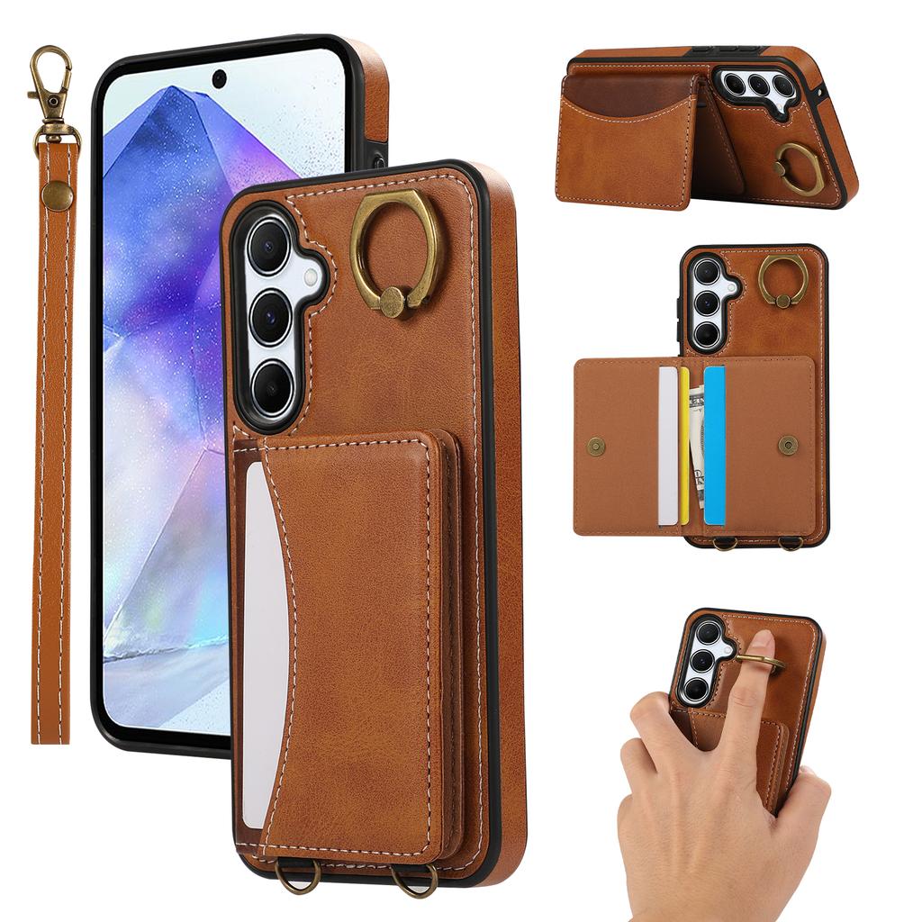 For Samsung Galaxy A54 5G PU Leather Back Case Card Holder Kickstand Phone Cover with Wrist Strap