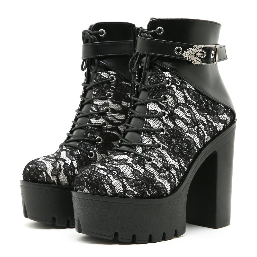 

Gdgydh Women Ankle Boots Buckle Strap Block High Heels Platform Boots Lace Up Party Booty Side Zipper Lace Flower White Black 42 чёрный