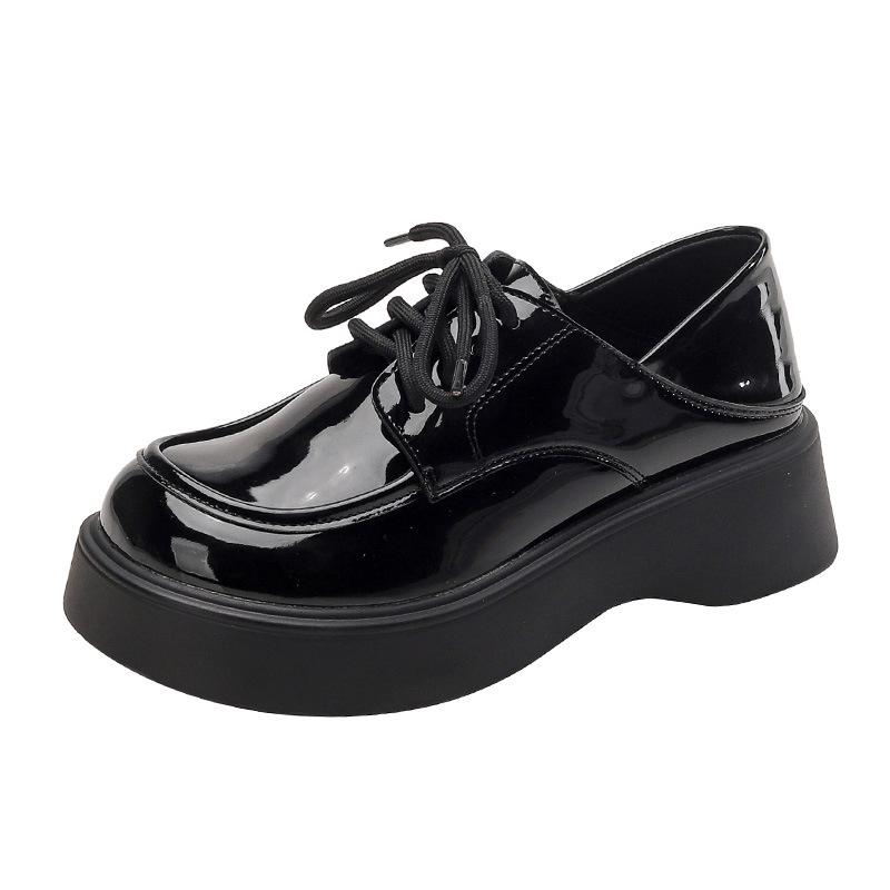 Damen Schwarz Echtes Leder Schnürung Höhenverstellbar Britischer Stil Loafer mit Plüschfutter und Dicker Sohle, 2023 Edition.
