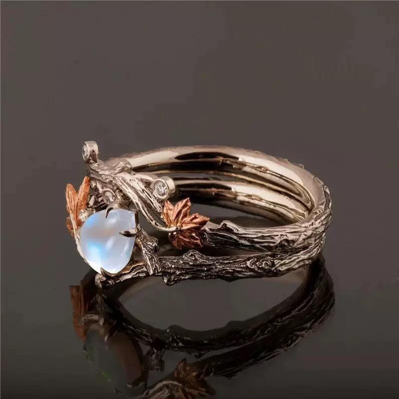 Retro Fashion Maple Leaf Water Drop Opal Stone Rings for Women Charm Luxury Finder Aesthetic jewelry Wedding Anniversary Gift