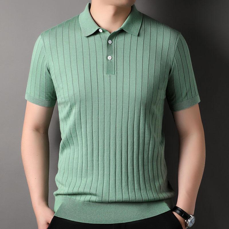 Summer New Men's Knitted Mulberry Silk Short-sleeved T-shirt Fashionable Thin Lapel T-shirt