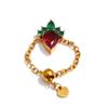 Yhpup Christmas Gift Shiny Cubic Zirconia Strawberry Adjustable Ring for Women Stainless Steel Delicate Fruit Finger Jewelry