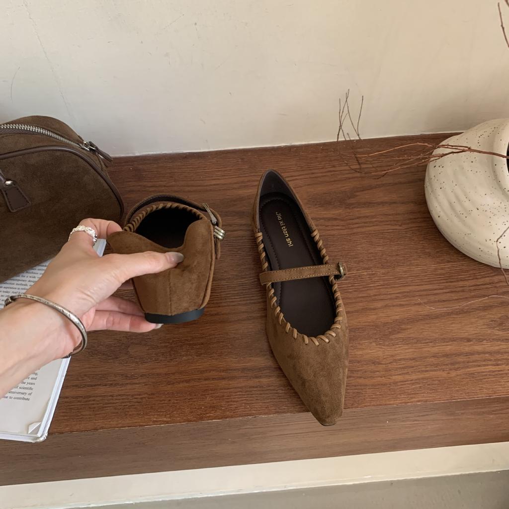 French suede light mouth low heel women's late evening breeze 2025 new spring and autumn pointed temperament word with Mary Jane single shoes