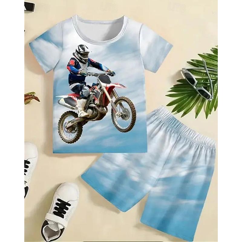 

2 Pieces Kids Boys Suit T-shirt & Shorts Outfit Graphic Short Sleeve Crewneck Set Outdoor Sports Fashion Summer 4 years+ Black Green Light Blue 150cm