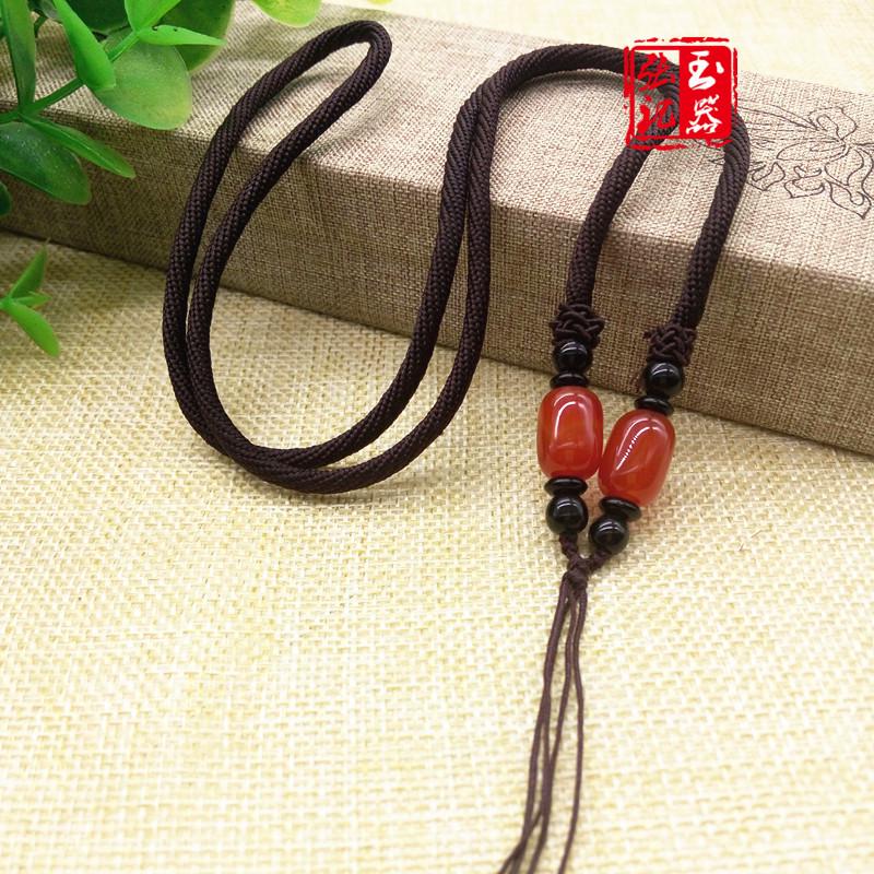Zen Style Jade Pendant Necklace with Red Agate Lucky Bead Sweater Chain Cord