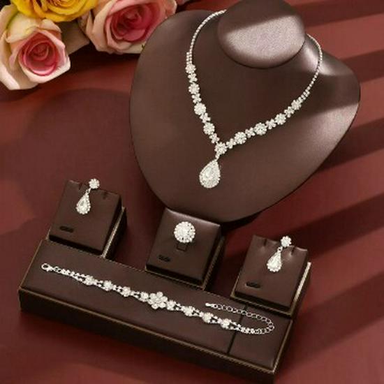 Elegant Crystal Gemstone Jewelry Set: Teardrop Necklace, Earrings, Bracelet, and Ring for Women