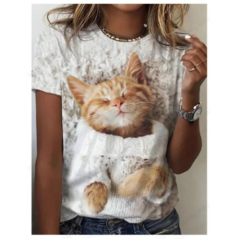 Summer Round Neck 3D Cat Print Top Fashionable Casual Short Sleeved Women's T-shirts