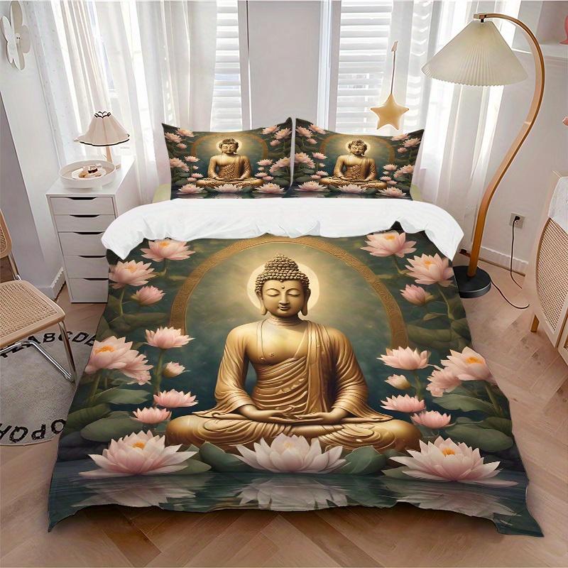 3pcs Buddha Lotus Soft Comfortable Bedding set, For Bedroom, Guest Room And Dorm, All Season Use, High-Definition Printing, Machine Washable 175