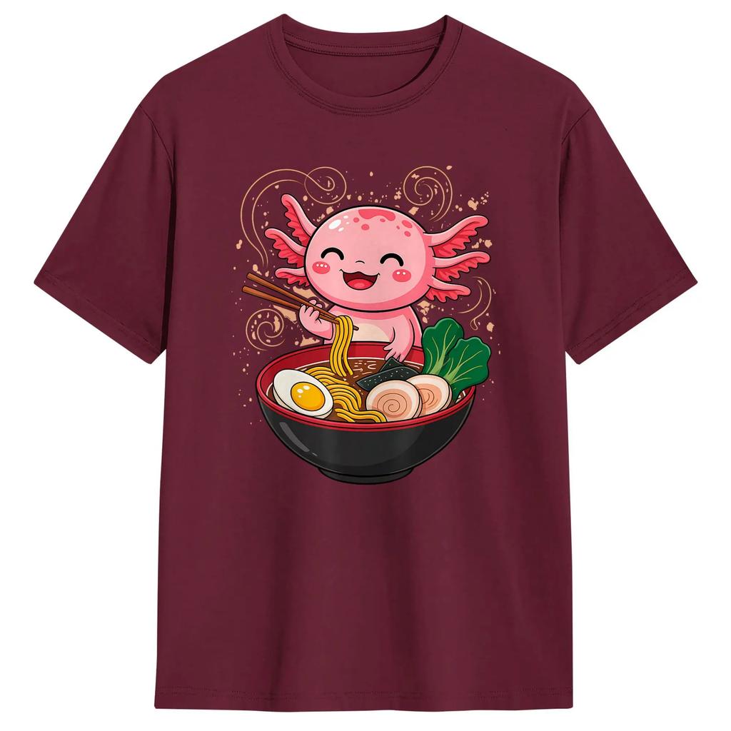 Axolotl Eating Ramen Graphic Japanese Kawaii Anime Men Tee Shirt Short Sleeve Round Collar T-Shirts Graphic Clothes