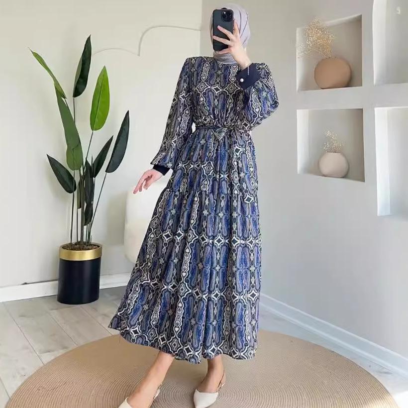 2024 Autumn European & American Women's Casual Print Crew Neck Loose Long Dress