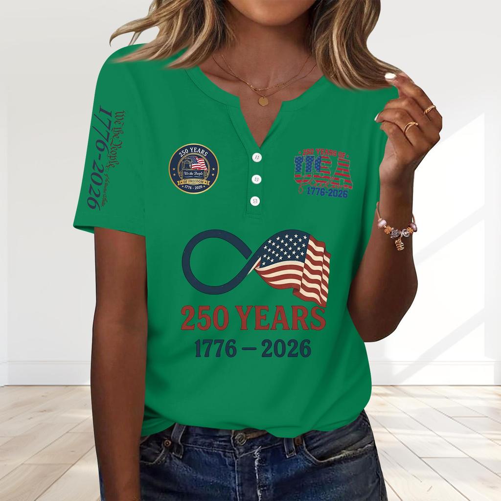 Women's Fashion Casual 250th Anniversary Independence Day Print V-Neck Short Sleeve Decorated Button-Up T-Shirt