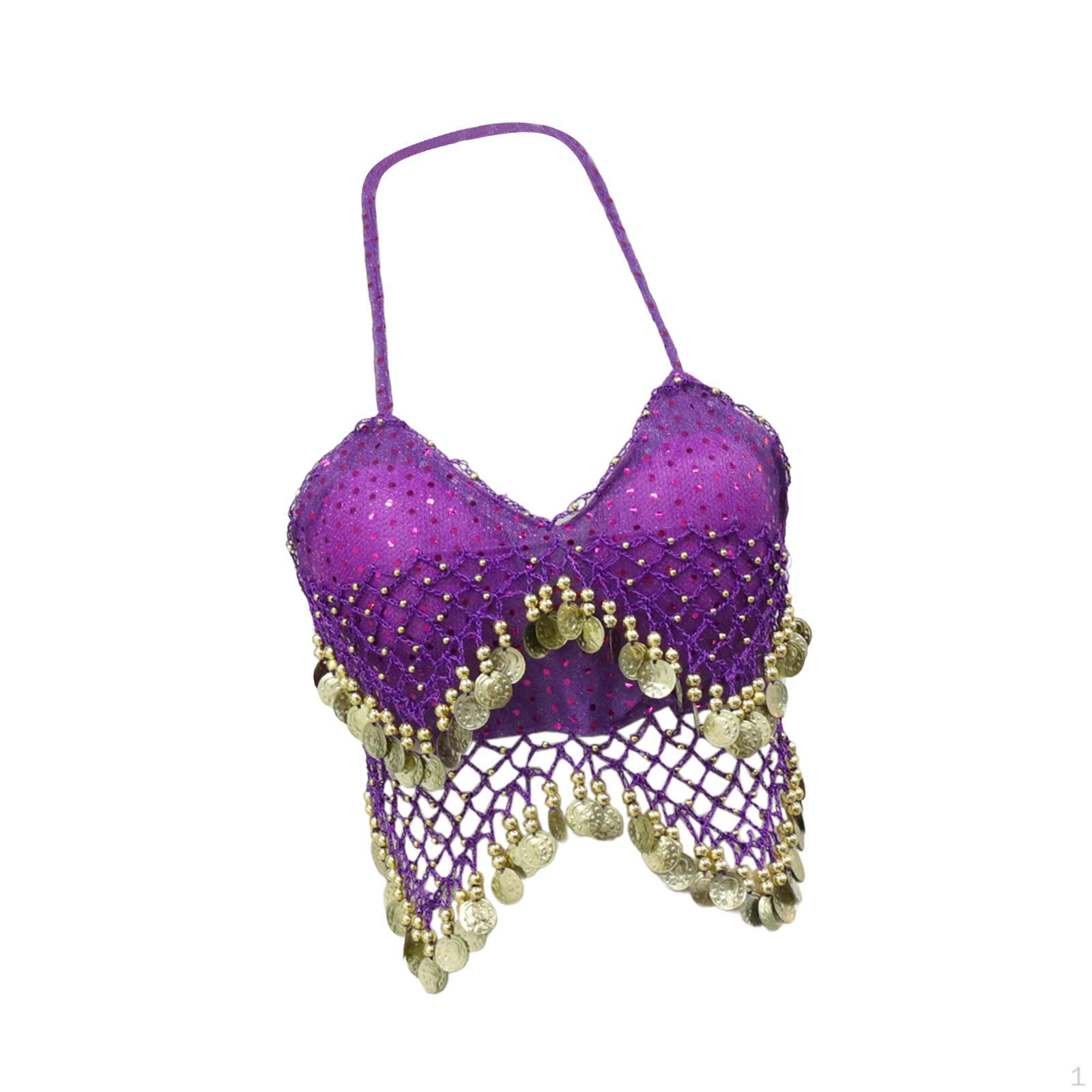 

Костюмы для танца живота с пайетками, укороченный топ, топ с бретелькой через шею для клубных и фестивальных выступлений фиолетовый