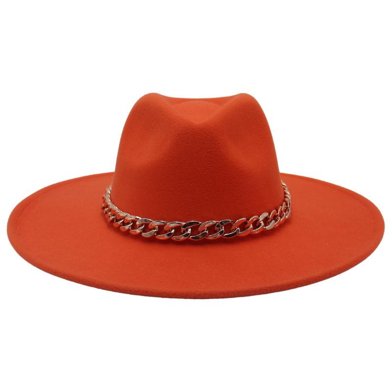 Big Brim Gold Acrylic Chain Felt Hat Solid Color Cashmere Jazz Hat French Top Hat