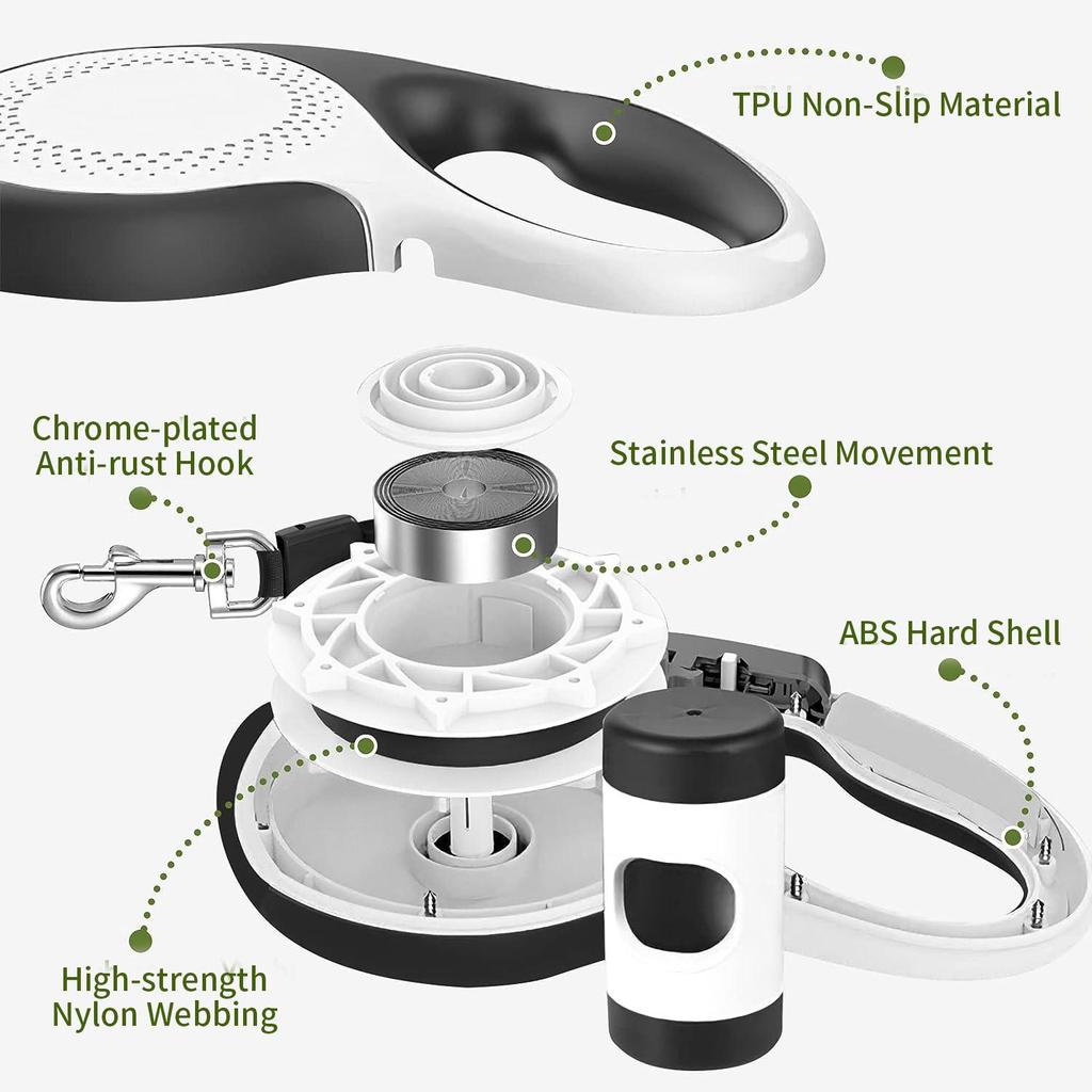 Intrekbare hondenriem Duurzame hondenwandellijn geschikt voor extra grote hondenrassen of katten met verwijderbare dispenser en kakzakjes Heavy Duty