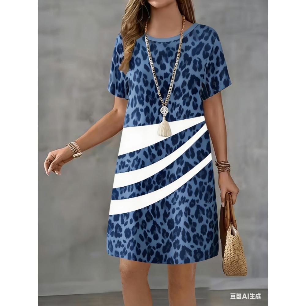 Short-sleeved fashionable yellow leopard print 3D printed women's round-neck loose mini dress for casual wear