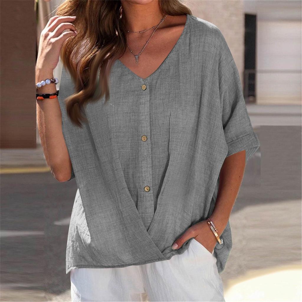 Women's Solid V-Neck Pullover Button Down Short Sleeve Shirt Casual Top Lightweight Tops