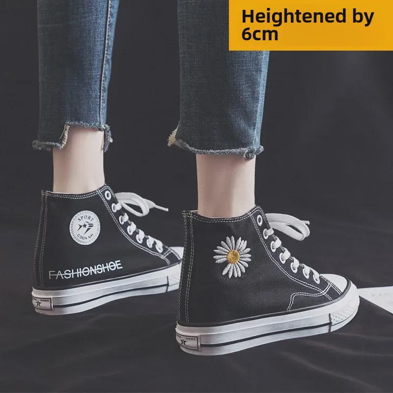Tênis de lona feminino com salto alto de 6 cm - Primavera/Outono 2024, calçado casual de algodão estilo coreano de cano alto