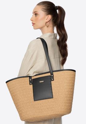 Wittchen Woman Women's Basket Made Of Wicker And Eco-Leather, Beige And Black, Beige And Black, Paper Straw