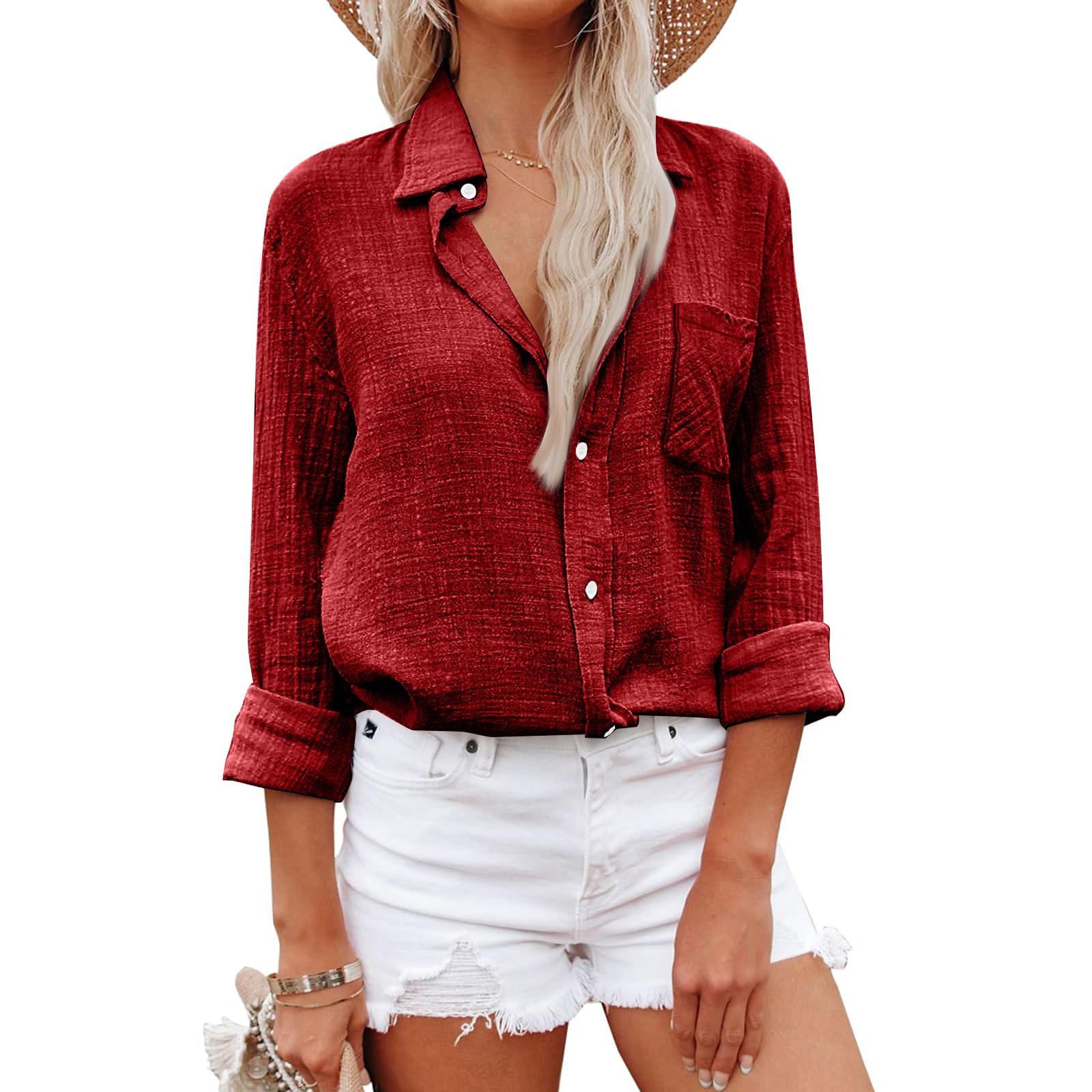 

Женская рубашка из хлопка и льна с длинным рукавом и пуговицами с лацканами, классическая рубашка с длинным рукавом XXXXXL красный