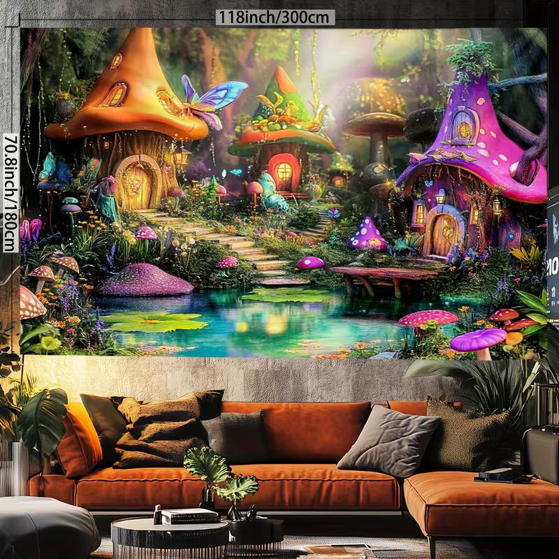 

2D Fairy Tale Mushroom Village Tapestry, Colorful Houses with Pond & Flowers Wall Hanging, Fantasy Backdrop 47.2x31.5inch/120*80cm