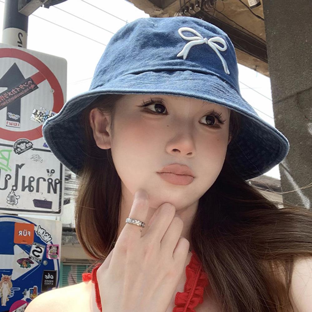 Summer Embroidery Bow Washed Denim Bucket Hat For Women Panama Hats Outdoor Fisherman Hat Beachside Sunscreen Visor Cap