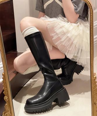 Klobige Plateaustiefel Damen Lackleder Dicke Hohe Absätze Punk Schuhe Frau 2024 Herbst neu Elegant Reißverschluss Kniehohe Stiefel