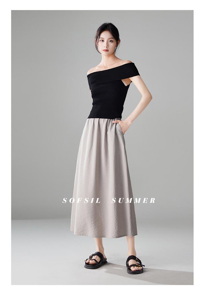 Wrinkled mulberry silk half skirt 2026 summer commuting versatile elastic waist mid long A-line umbrella skirt