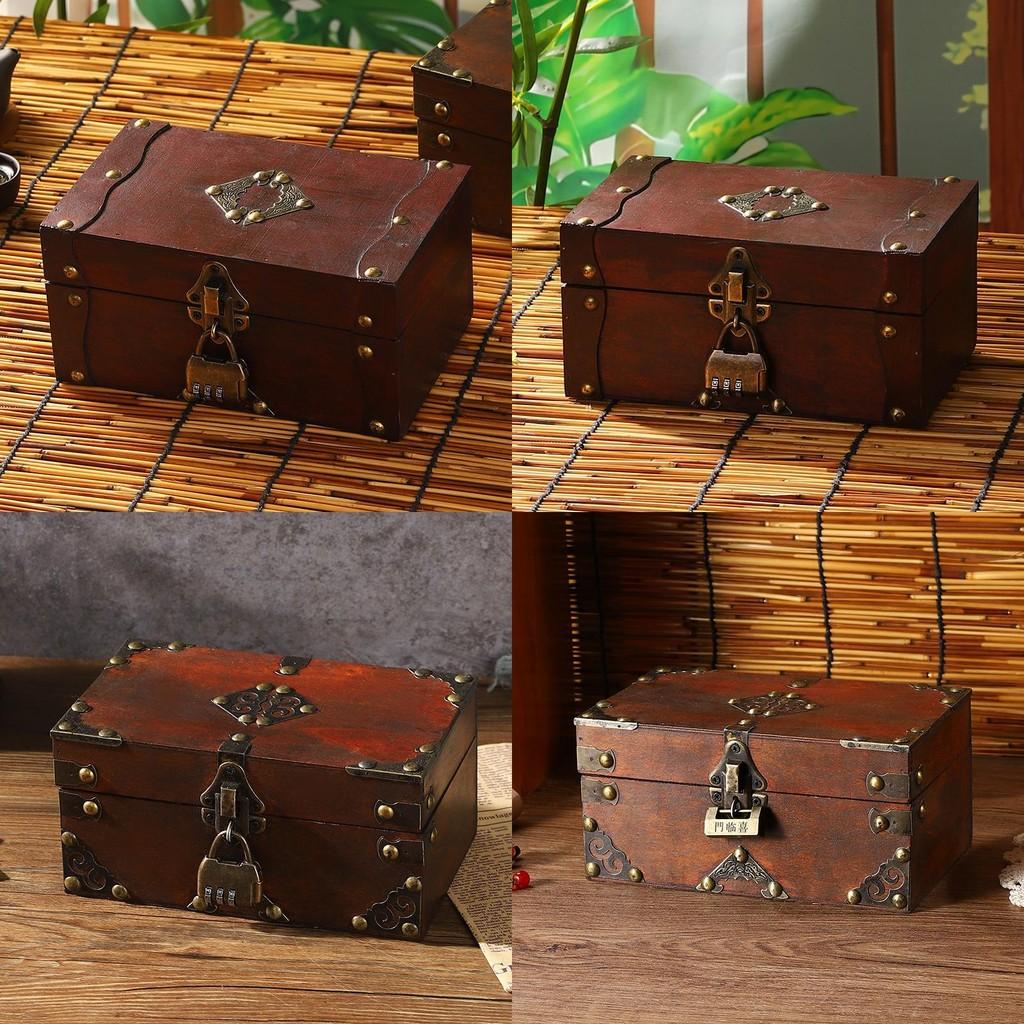 Antique Wooden Desktop Organizer Boxes With Lock For Home Gifts Decorations