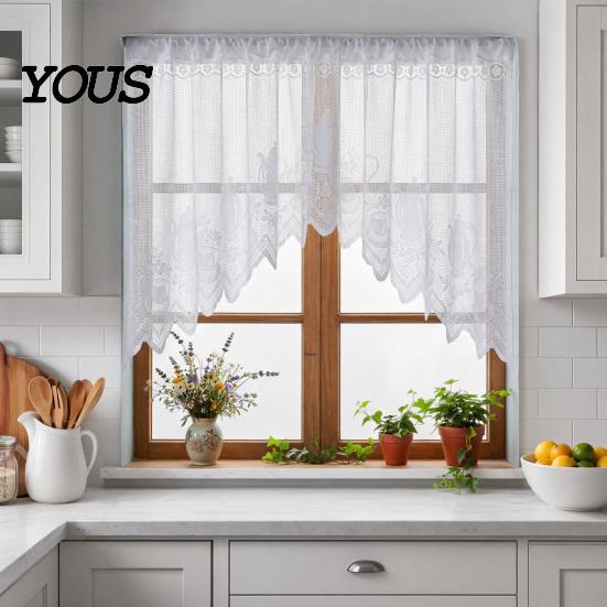 Retro Lace Curtain Half Curtain, Adjustable Lift Structure, Embroidery Floral Sheer Coffee Dustproof Window Screen