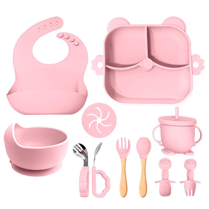 11-Piece Children's Silicone Bear Feeding Set: Food-Grade Bib, Bowl, Straw Cup & Tableware