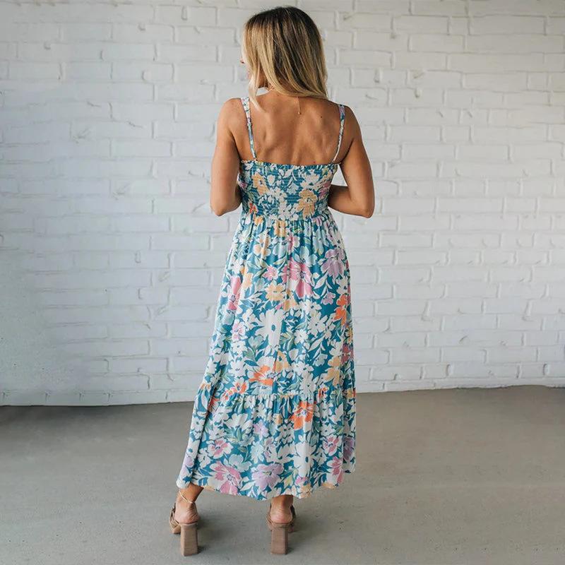 Women's Sleeveless Midi Dress Square Neck Loose Waist Fresh Sweet Floral Print Sundress Casual Vacation Summer Wear
