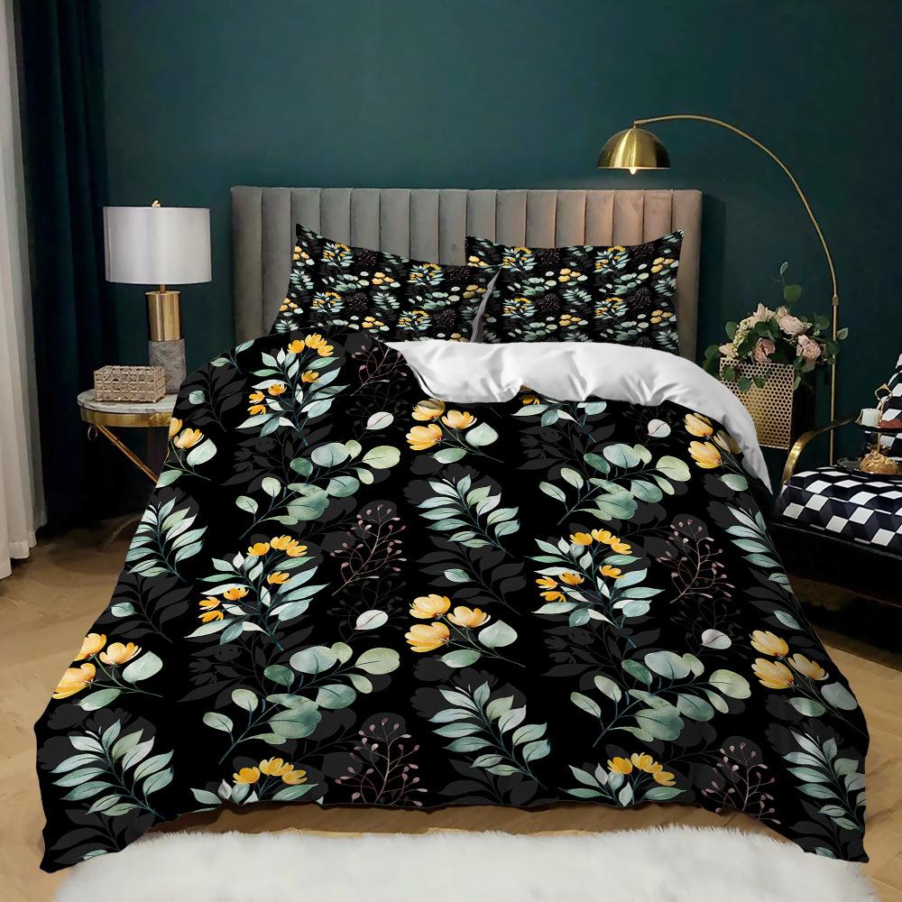Leaf Flower Print Three-Piece Kit Quilt Cover Small And Fresh
