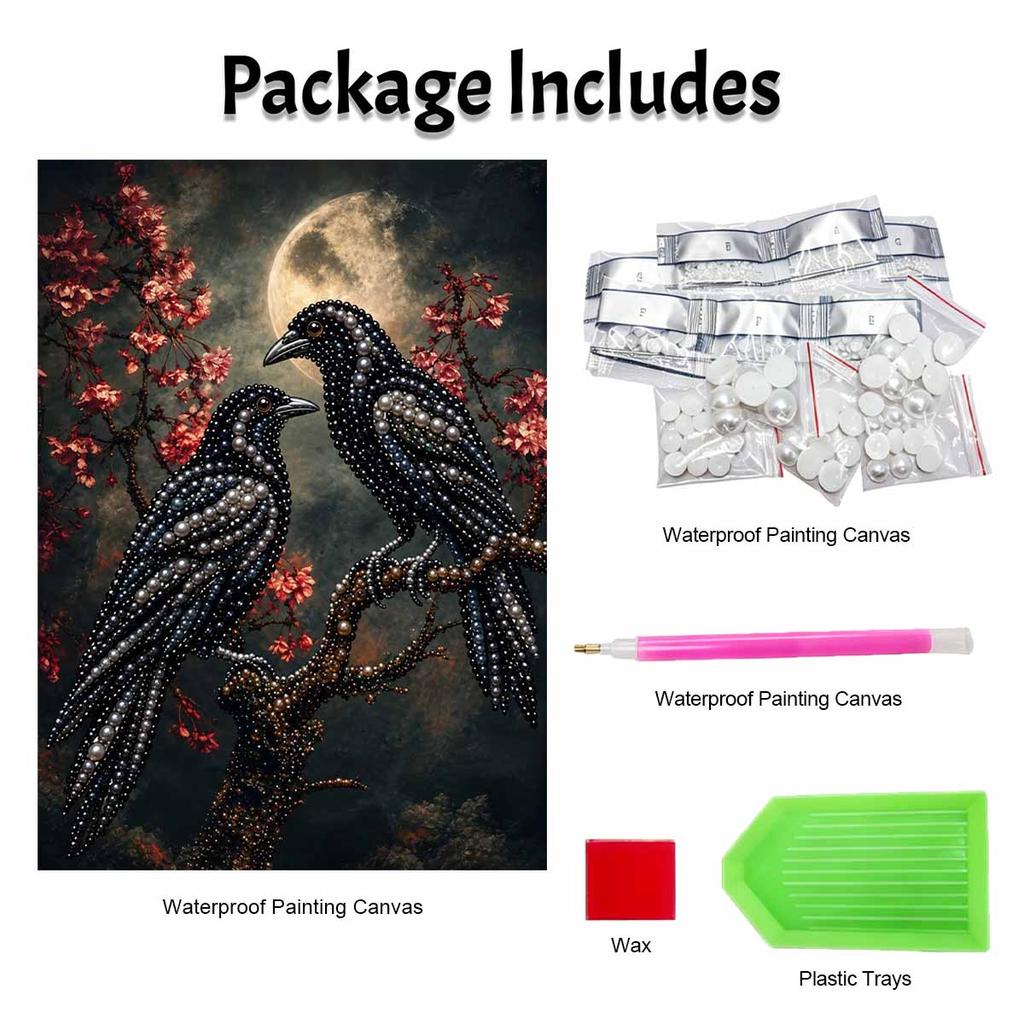 Moonlit Crow Couple Pearl Painting Kit with Frame Sparkling Bead Canvas Romantic Handmade Wall Decor Gift for Women DIY Craft Art Project