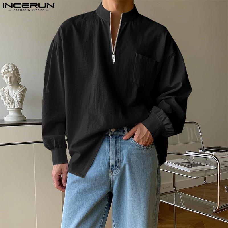 INCERUN Herren Stehkragen Reißverschluss Langarm Einfarbig Lässig Locker Hemden