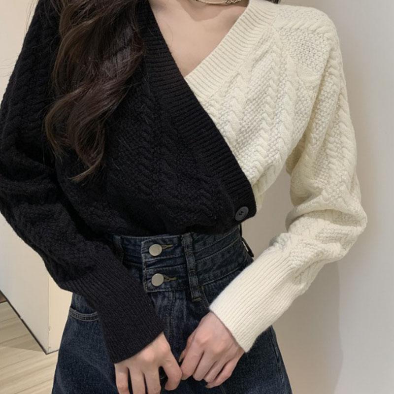 Pulover cu decolteu în V încrucișat cu design unic Top femei toamnă/iarnă Pulover tricotat în contrast alb-negru învelit coreean