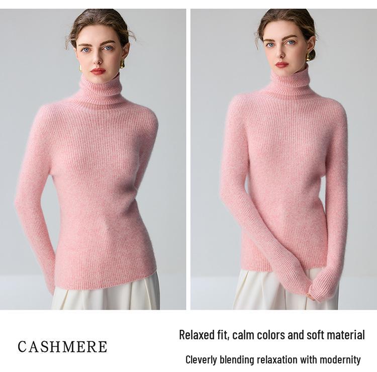 Women's 100% Pure Cashmere Striped High-Neck Slim Fit Sweater - Warm Knitwear for Autumn/Winter 2026