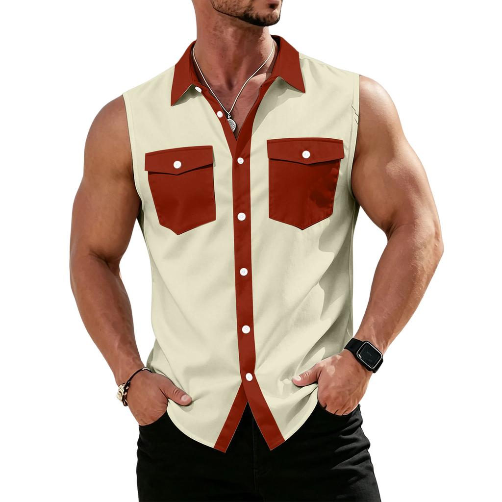 Men's Workwear Lapel Button-Down Vest Shirt - Lightweight Sleeveless Top